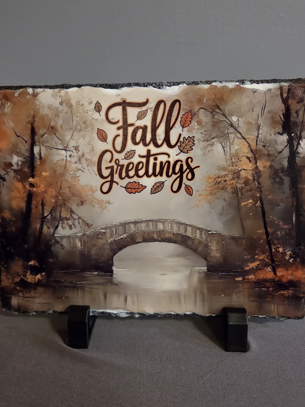 Fall Greetings Autumn Bridge Decorative Slate Plaque 6x8